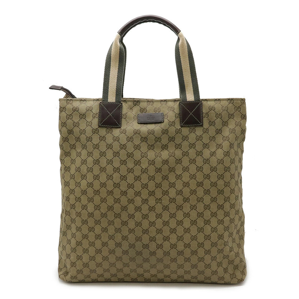 Gucci GG Canvas Sherry Tote Bag Leather Khaki Dark Brown Beige Cream